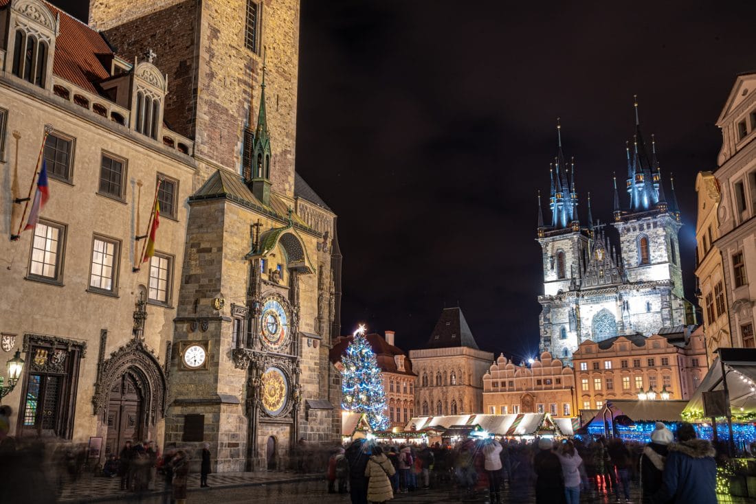 People in the Christmas market in Prague's old town square.