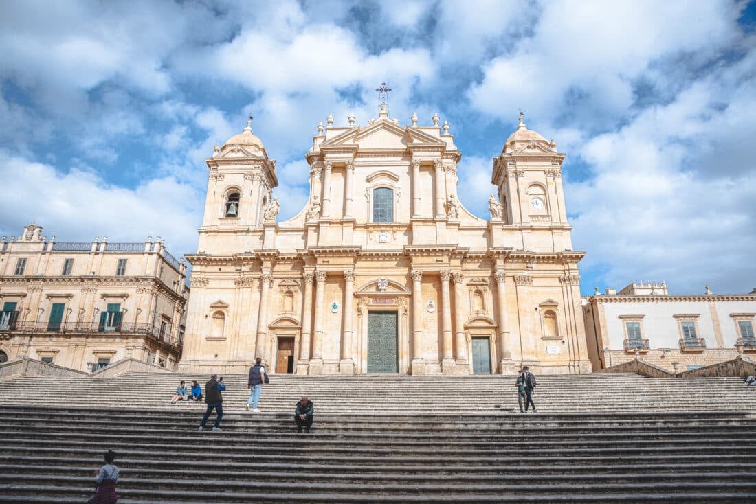 The stairs and front of Noto Cathedral in Sicily in November